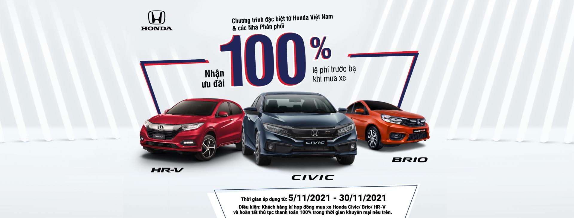 Hỗ Trợ 100% Lệ Phí Trước Bạ - Honda Civic, Honda HR-V, Honda Brio